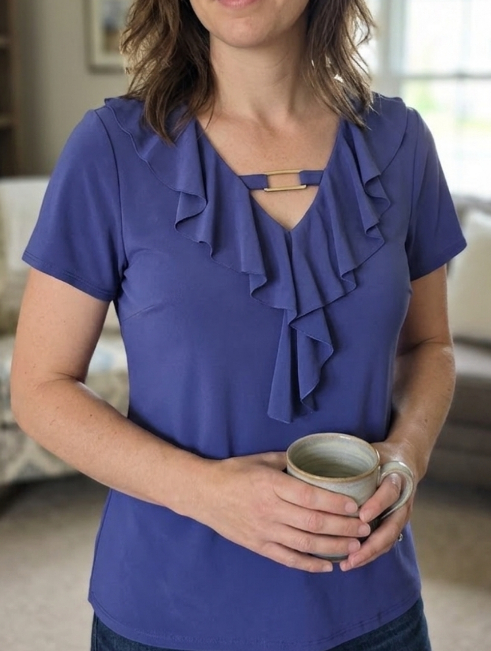 Studio Works Purple Ruffle V-Neck Short Sleeve Top